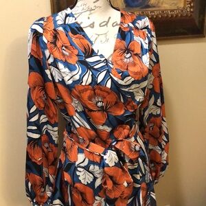 🦋 Akira Asymmetrical hem long sleeve elastic wrist lovely satin feel wrap dress